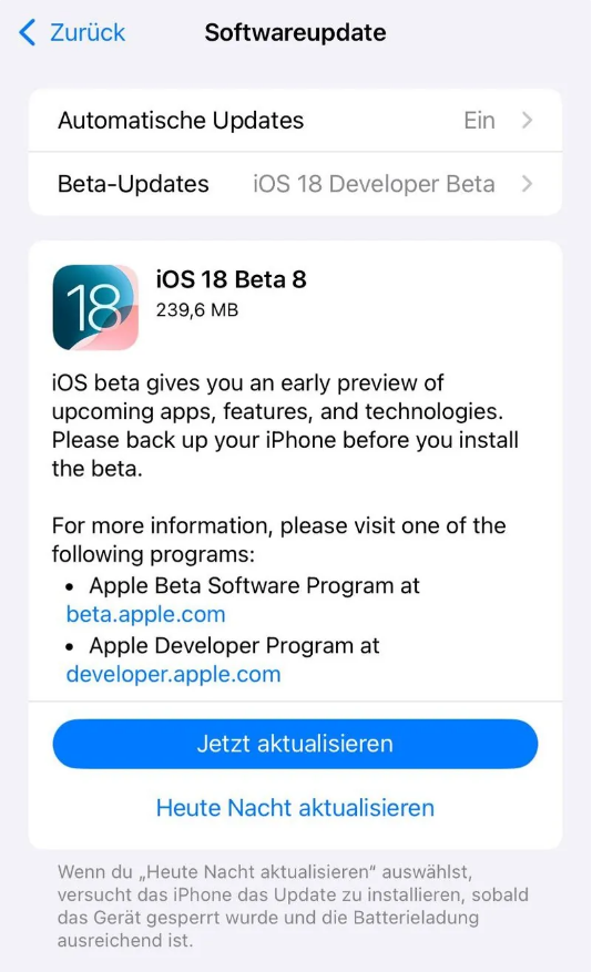 吴起苹果手机维修分享苹果 iOS / iPadOS 18 开发者预览版 Beta 8 发布 